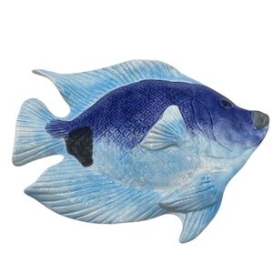 Colorful Ceramic Fish Wall Hanging, Dark and Light Blue, White